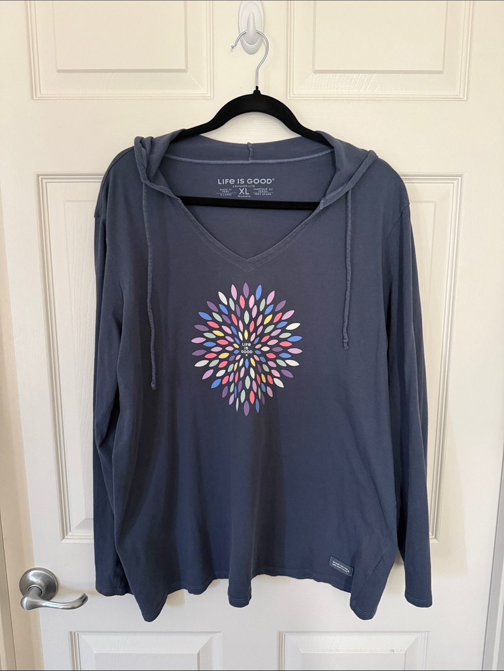 Life Is Good Blue Hooded V-Neck Long-Sleeve Tee with Multicolor Burst, XL
